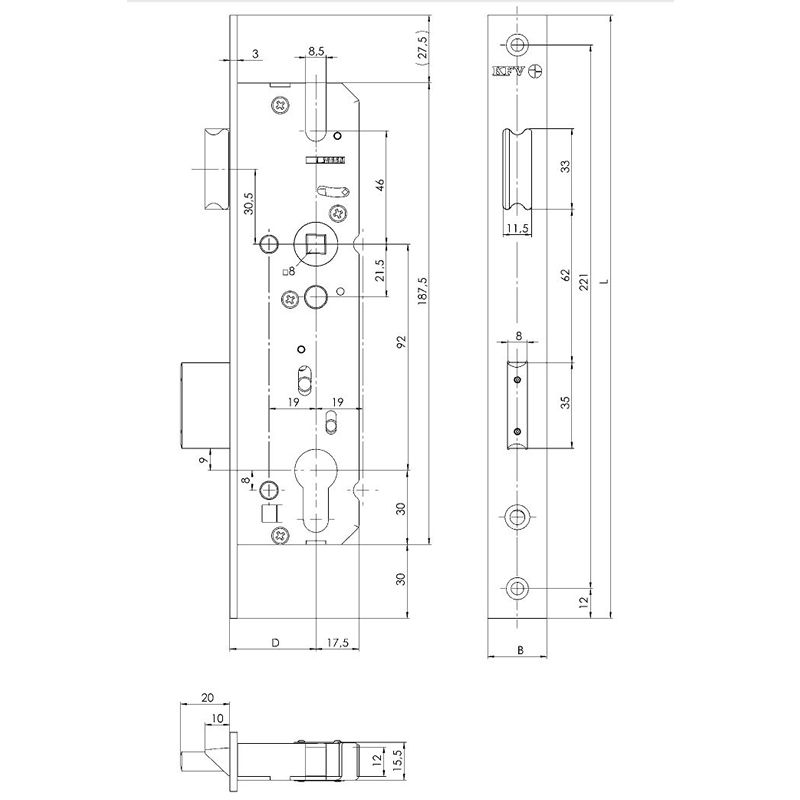 Замок врезной kfv 49 pzw f16 45